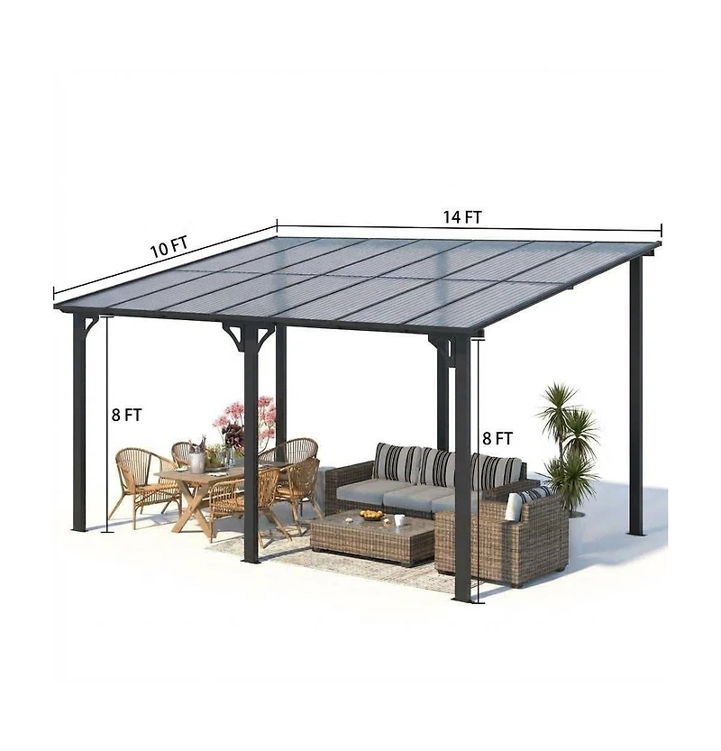 Homfan 10 x 14 Ft Iron Frame Lean-to Canopy with Pc Roof, High-Low Patio Awning for Window Door Backyard