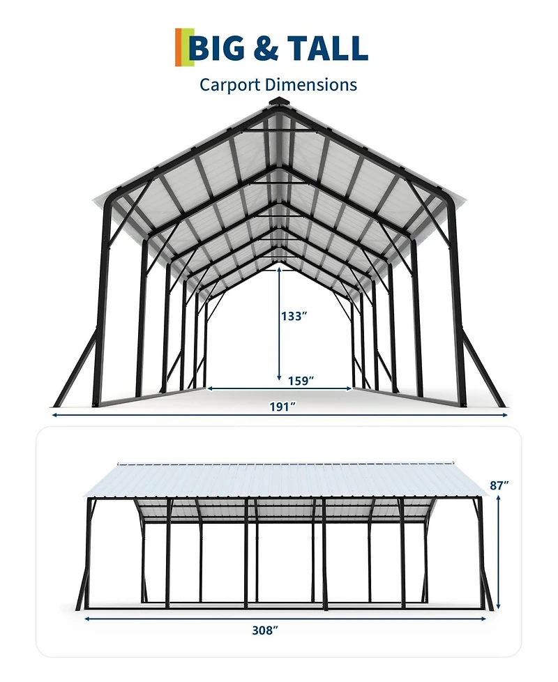 homfan Heavy Duty Carport, Galvanized Steel Frame with Vertical Profile Metal Roof, Vehicle Parking Shelter