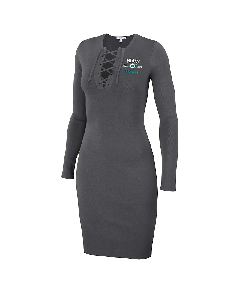 Wear by Erin Andrews Women's Charcoal Miami Dolphins Lace Up Long Sleeve Dress