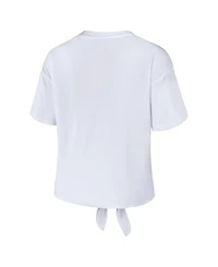 Wear by Erin Andrews Women's White Miami Hurricanes Striped Front Knot Cropped T-Shirt