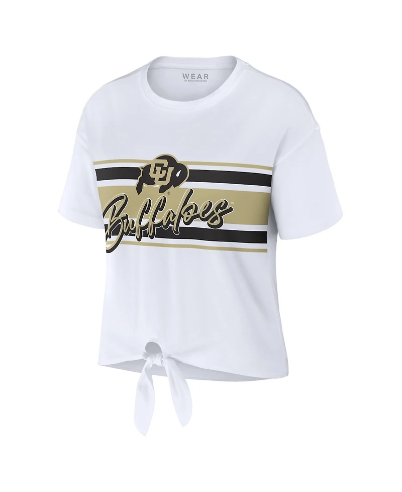 Wear by Erin Andrews Women's White Colorado Buffaloes Striped Front Knot Cropped T-Shirt