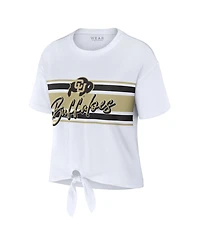 Wear by Erin Andrews Women's White Colorado Buffaloes Striped Front Knot Cropped T-Shirt