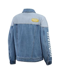 Wear by Erin Andrews Women's Denim Michigan Wolverines Sleeve Hit Color block Button-Down Jacket
