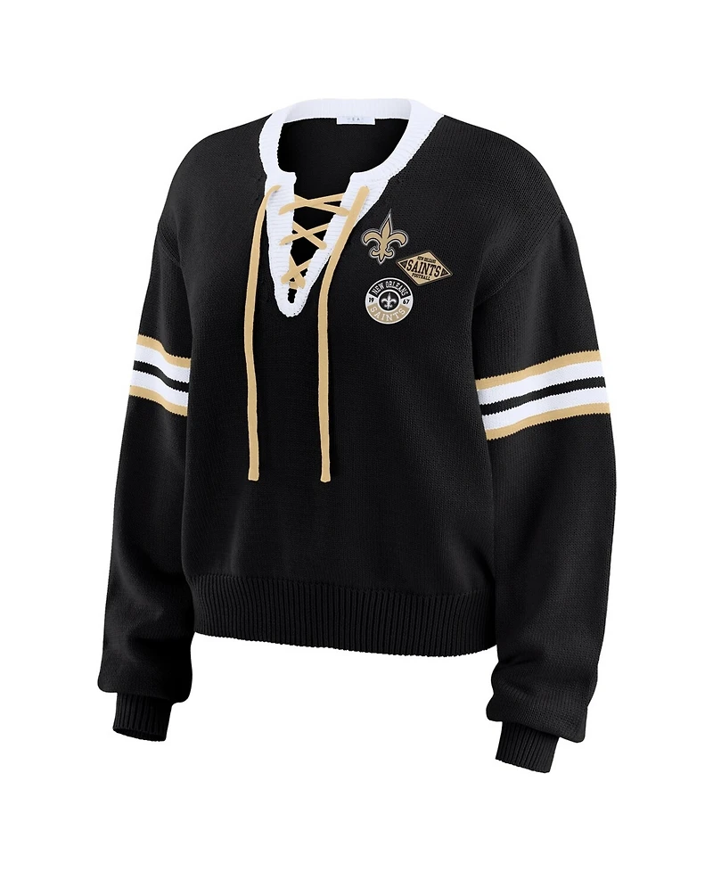 Wear by Erin Andrews Women's Black New Orleans Saints Lace-Up Pullover Sweatshirt