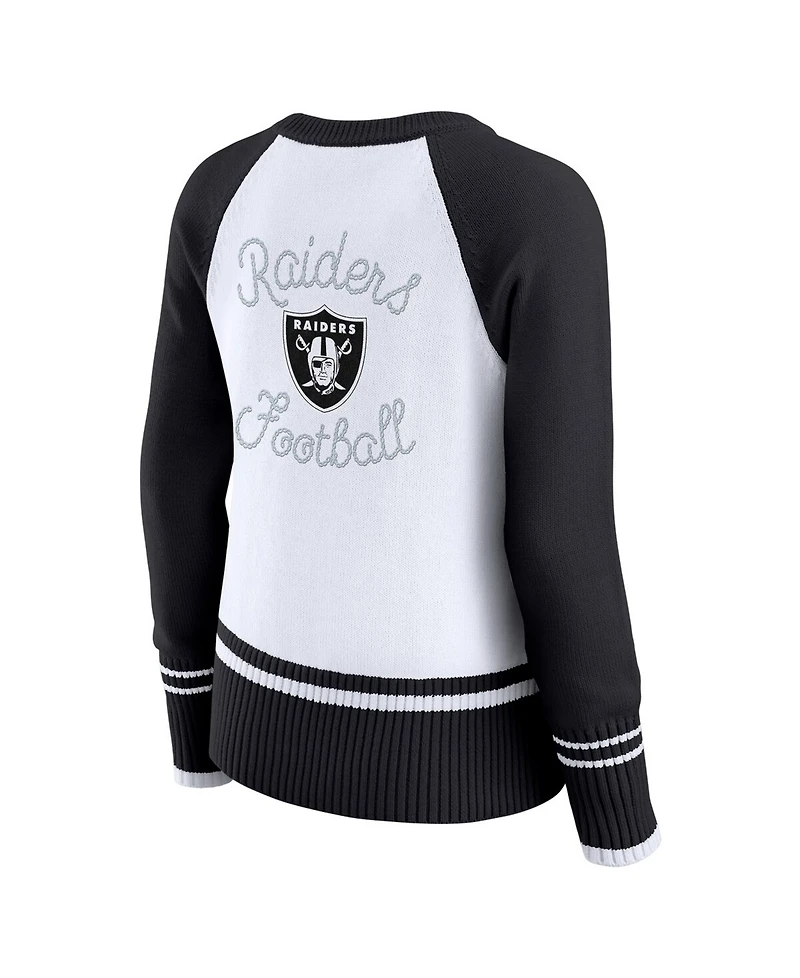 Wear by Erin Andrews Women's White/Black Las Vegas Raiders Color block Raglan Sweater