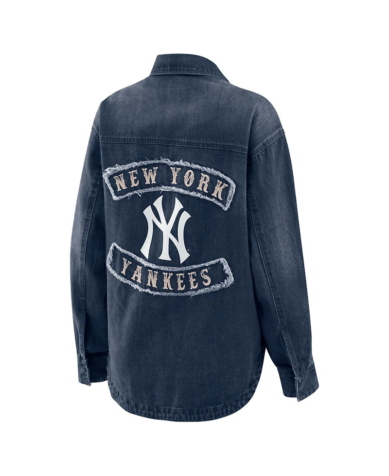 Wear by Erin Andrews Women's Denim New York Yankees Washed Oversized Full-Snap Shacket