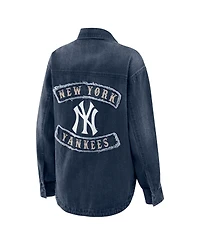Wear by Erin Andrews Women's Denim New York Yankees Washed Oversized Full-Snap Shacket