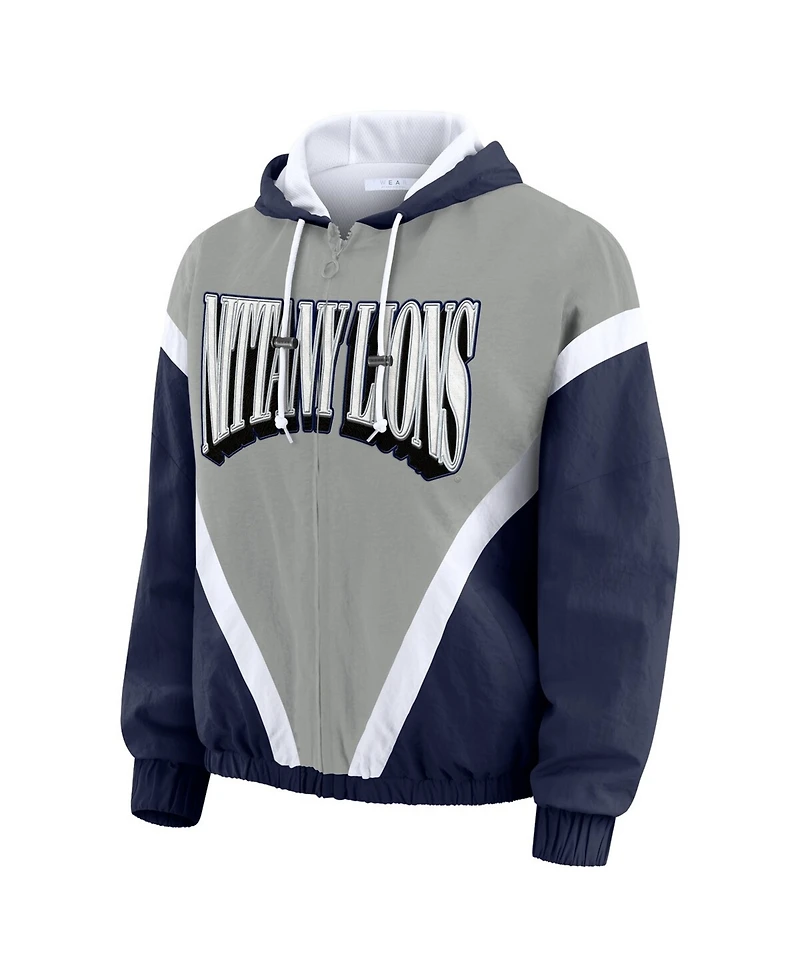 Wear by Erin Andrews Women's Navy/Gray Penn State Nittany Lions Color block Full-Zip Hoodie Windbreaker Jacket