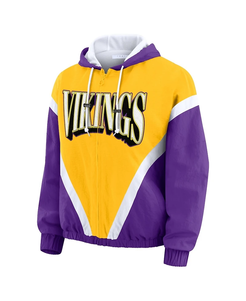 Wear by Erin Andrews Women's Gold/Purple Minnesota Vikings Plus Retro Crinkle Full-Zip Hoodie Windbreaker Jacket