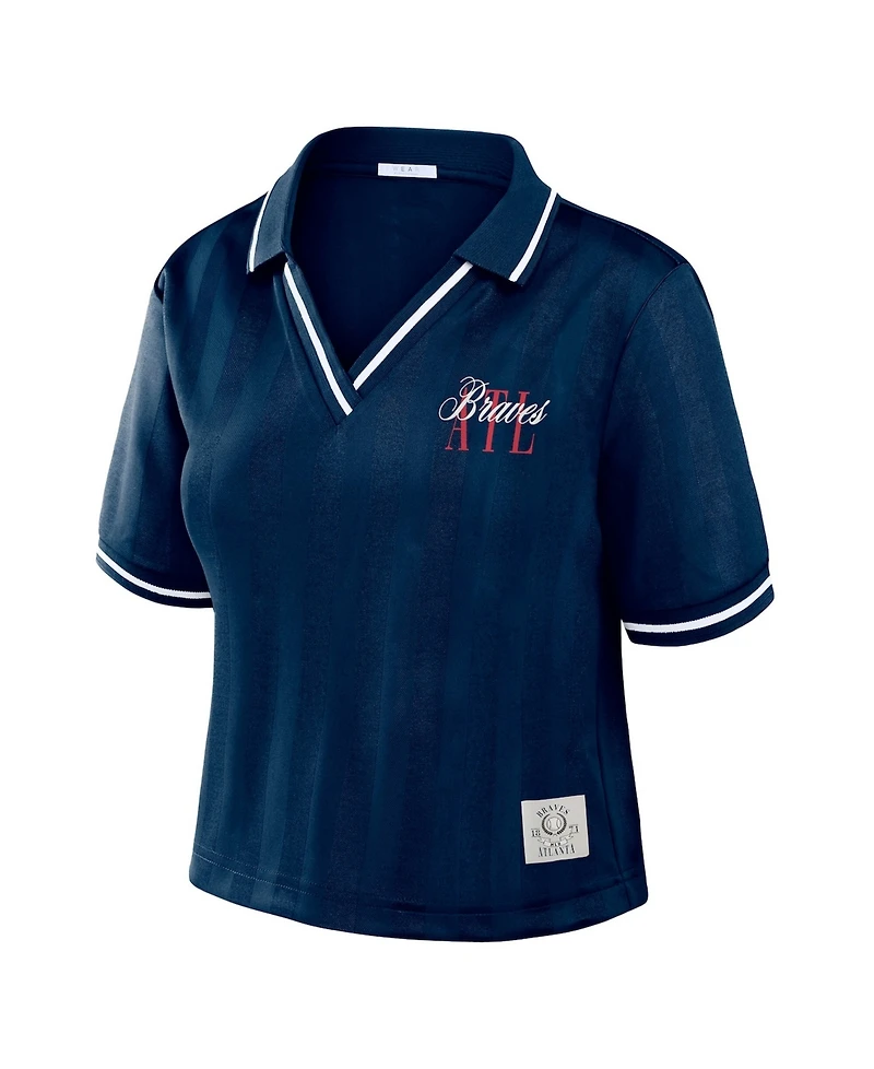 Wear by Erin Andrews Women's Navy Atlanta Braves Cropped V-Neck Polo Shirt