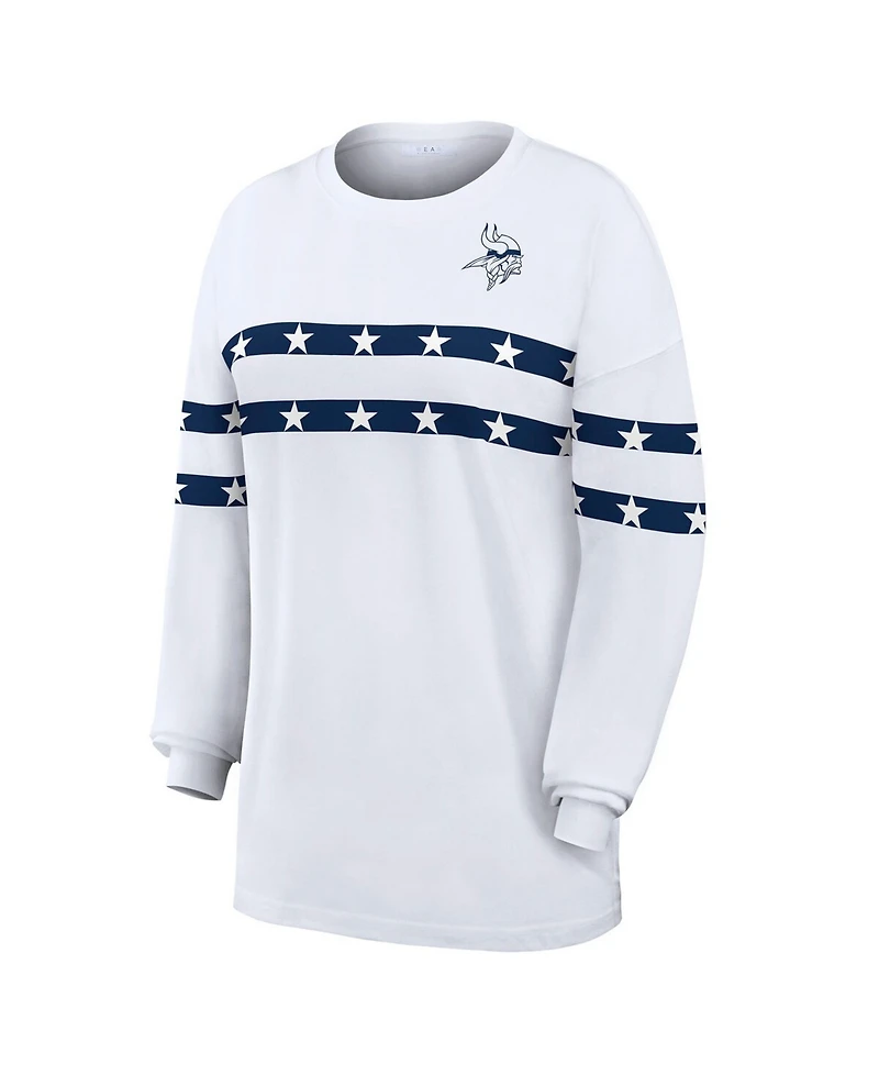 Wear by Erin Andrews Women's White Minnesota Vikings Americana Stripe Long Sleeve T-Shirt
