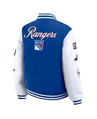 Wear by Erin Andrews Women's Blue/White New York Rangers Varsity Full-Snap Puffer Jacket