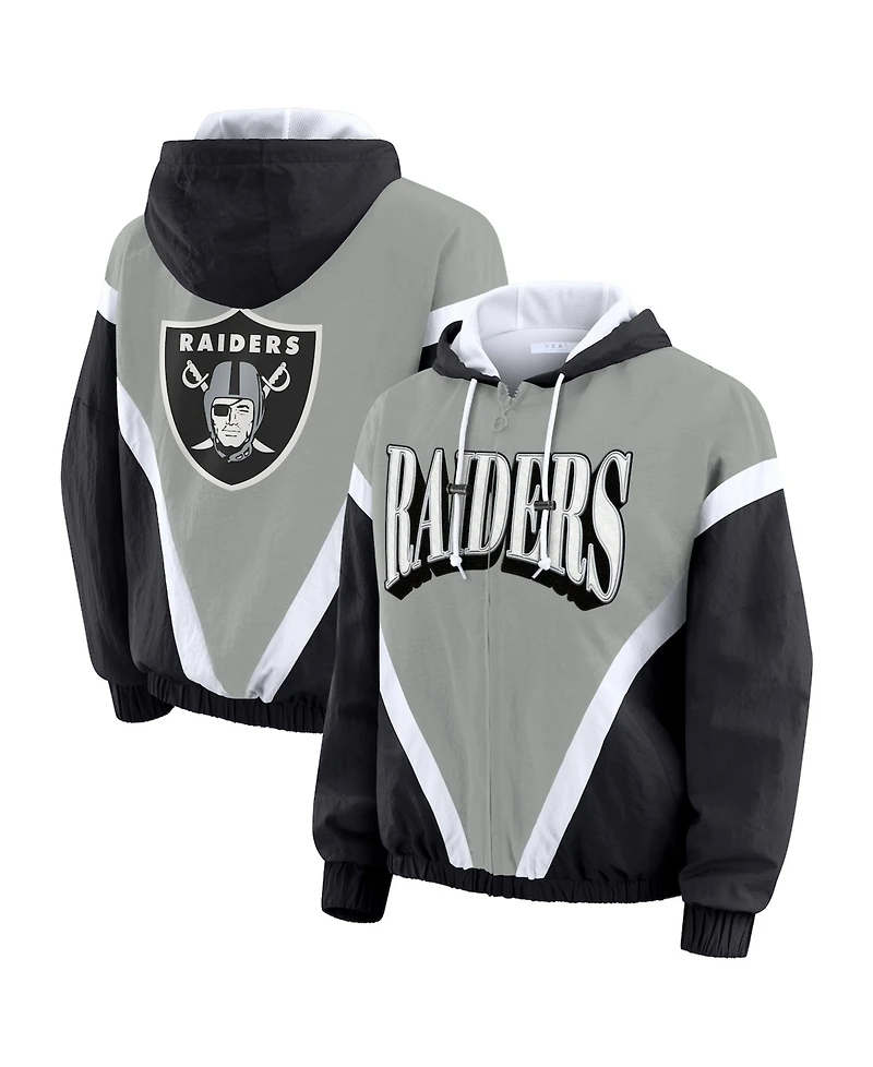 Wear by Erin Andrews Women's Black/Gray Las Vegas Raiders Plus Retro Crinkle Full-Zip Hoodie Windbreaker Jacket
