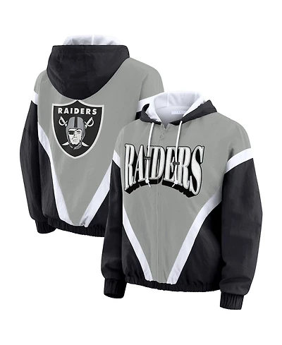 Wear by Erin Andrews Women's Black/Gray Las Vegas Raiders Plus Retro Crinkle Full-Zip Hoodie Windbreaker Jacket