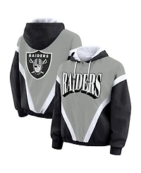 Wear by Erin Andrews Women's Black/Gray Las Vegas Raiders Plus Retro Crinkle Full-Zip Hoodie Windbreaker Jacket
