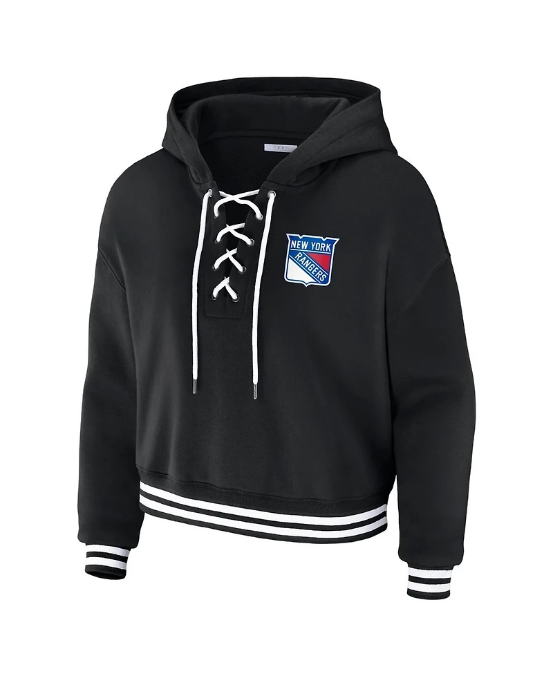 Wear by Erin Andrews Women's Black New York Rangers Cropped Lace-Up Hoodie