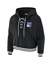 Wear by Erin Andrews Women's Black New York Rangers Cropped Lace-Up Hoodie