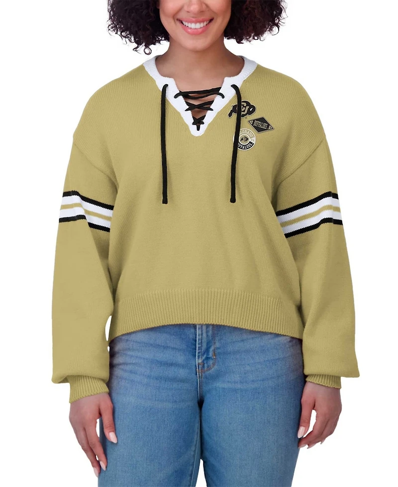 Wear by Erin Andrews Women's Gold Colorado Buffaloes Lace-Up Pullover Sweater