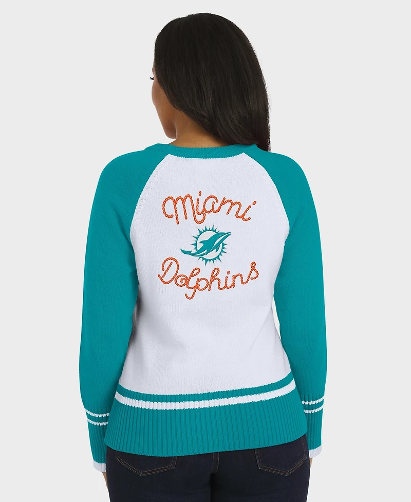 Wear by Erin Andrews Women's White/Aqua Miami Dolphins Color block Raglan Sweater
