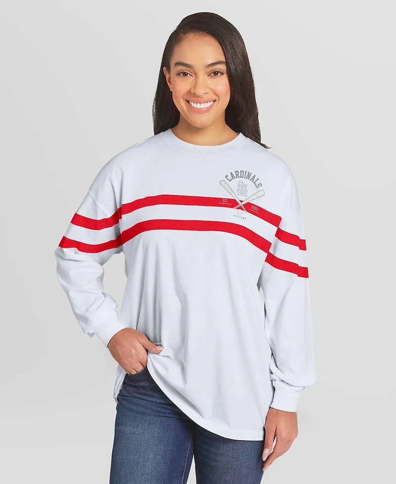 Wear by Erin Andrews Women's White St. Louis Cardinals Oversized Long Sleeve Striped T-Shirt