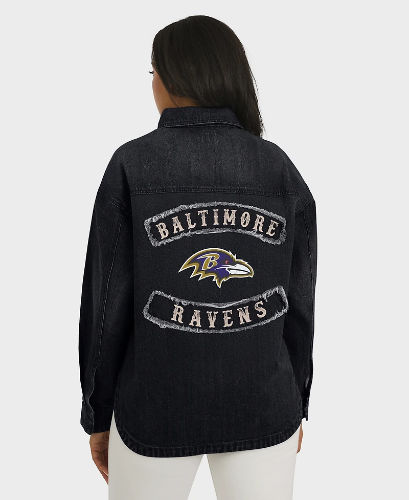 Wear by Erin Andrews Women's Black Baltimore Ravens Washed Oversized Denim Full-Snap Shacket