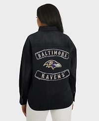 Wear by Erin Andrews Women's Black Baltimore Ravens Washed Oversized Denim Full-Snap Shacket