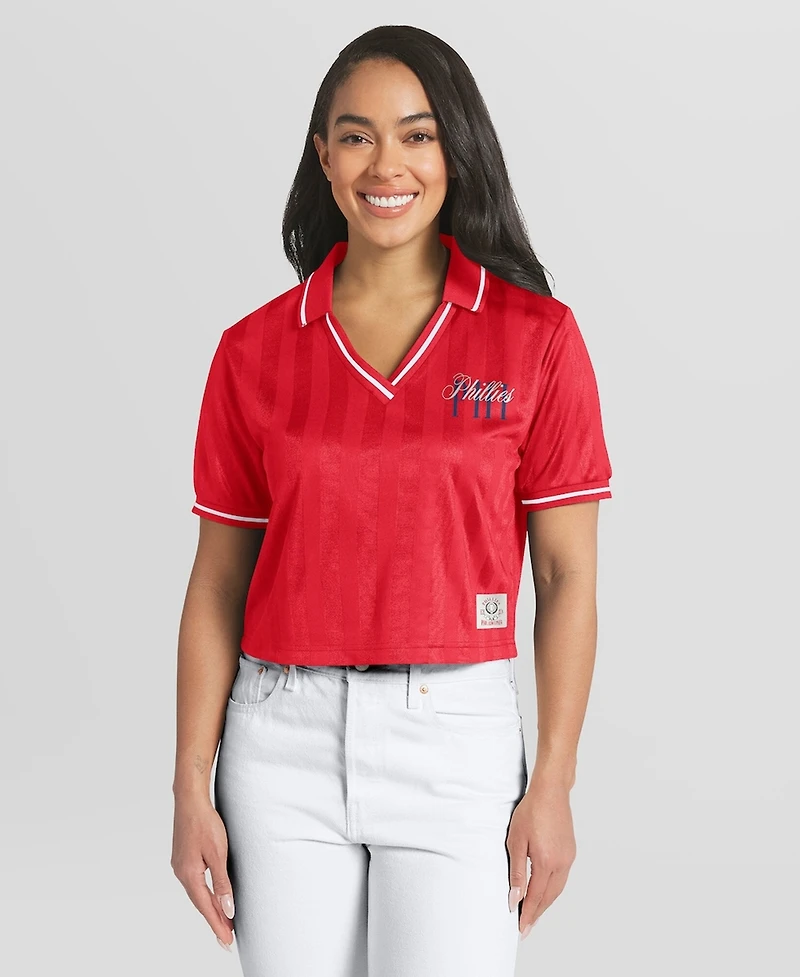 Wear by Erin Andrews Women's Red Philadelphia Phillies Cropped V-Neck Polo Shirt