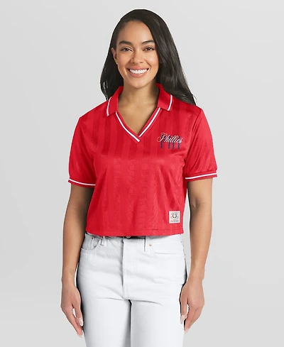 Wear by Erin Andrews Women's Red Philadelphia Phillies Cropped V-Neck Polo Shirt