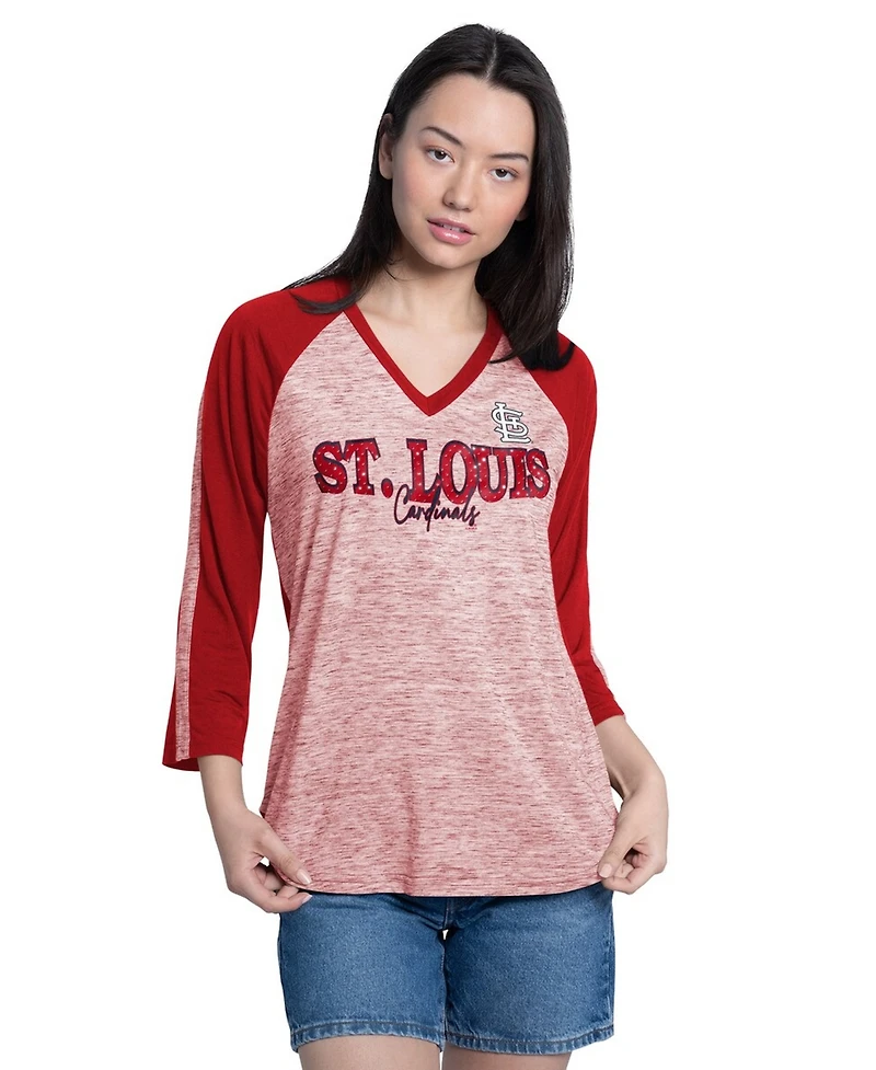 G-iii 4Her by Carl Banks Women's Red/Heather Red St. Louis Cardinals Speed Training 3/4-Sleeve Rhinestone V-Neck T-Shirt