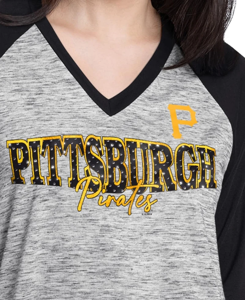 G-iii 4Her by Carl Banks Women's Black/Heather Black Pittsburgh Pirates Speed Training 3/4-Sleeve Rhinestone V-Neck T-Shirt