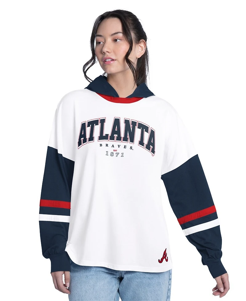 G-iii 4Her by Carl Banks Women's White/Navy Atlanta Braves Key Player Oversized Hooded Long Sleeve T-Shirt