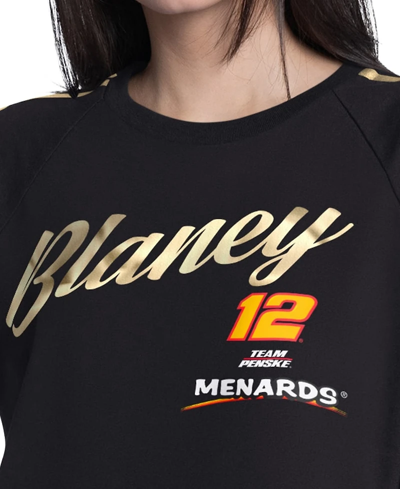 G-iii 4Her by Carl Banks Women's Black Ryan Blaney Cropped Classic Play Gold Trim Raglan T-Shirt
