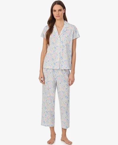 Lauren Ralph Women's Short-Sleeve Notch Collar Cropped Pant Pajama Set