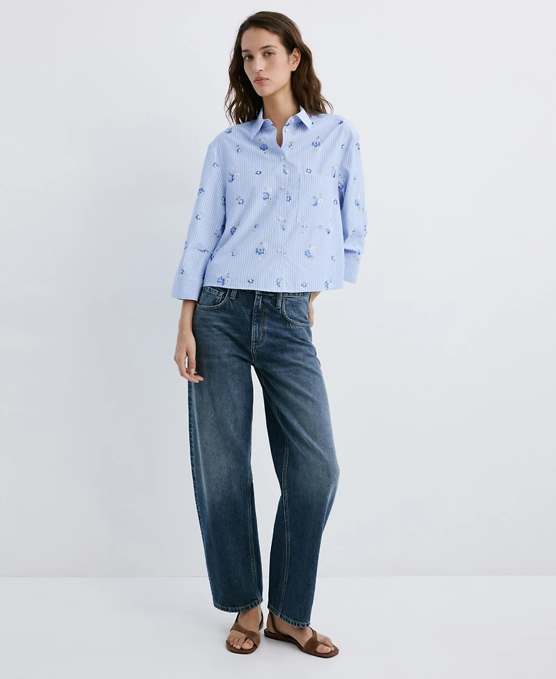 Mango Women's Flower Embroidered Striped Top