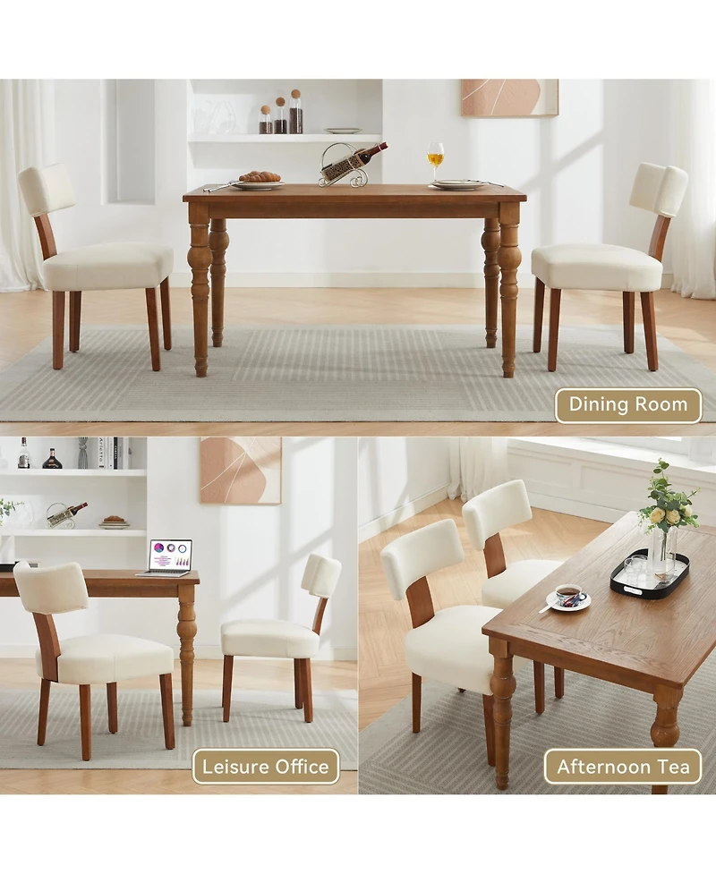 Rainsken Linen Fabric Dining Chairs Set of 2, Modern Armless Kitchen with Curved Backrest and Solid Wooden Legs for Room