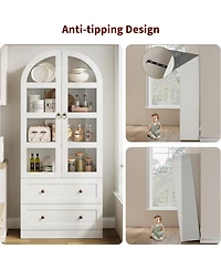 homfan Tall Arched Dome Bookcase with Drawers, 4-Tier Wooden Bookshelf with Glass Door, Farmhouse Rustic White for Home Office