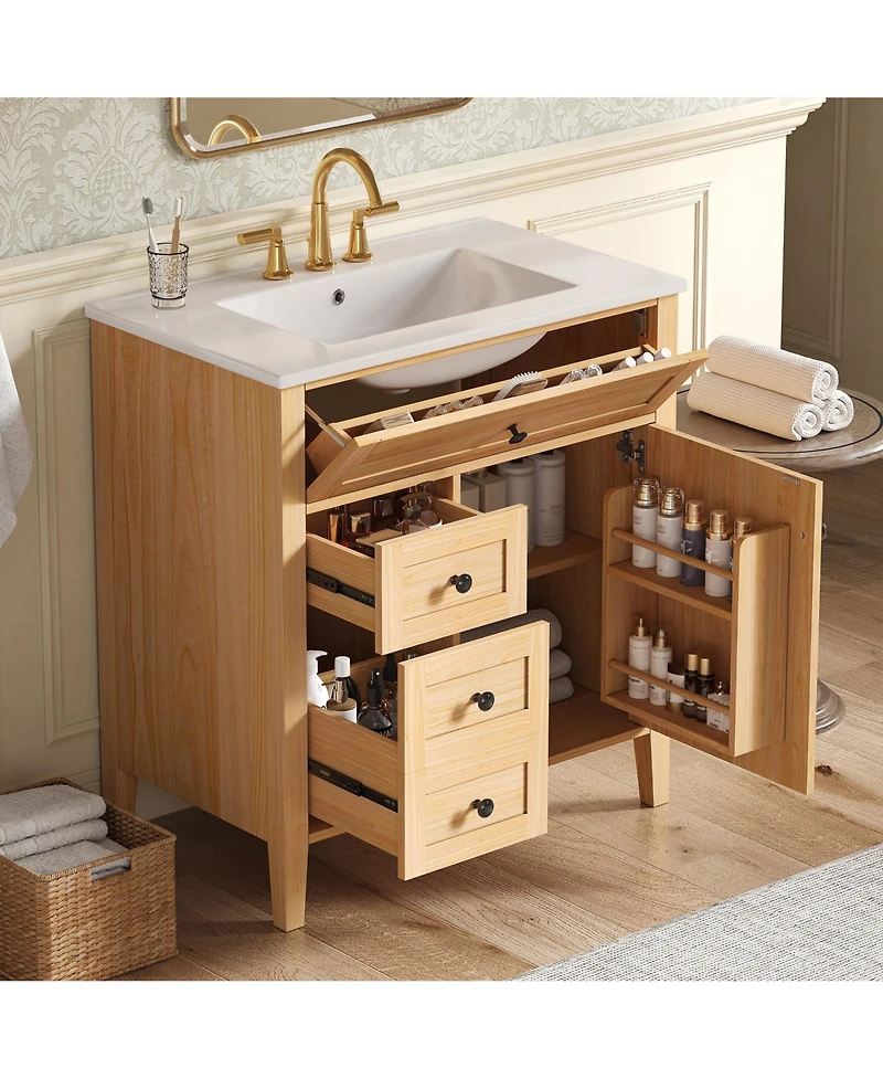 Busdays Grain Bathroom Vanity with Ceramic Sink Solid Wood Legs Soft Close Tip Out Drawer Door Storage Adjustable Shelf