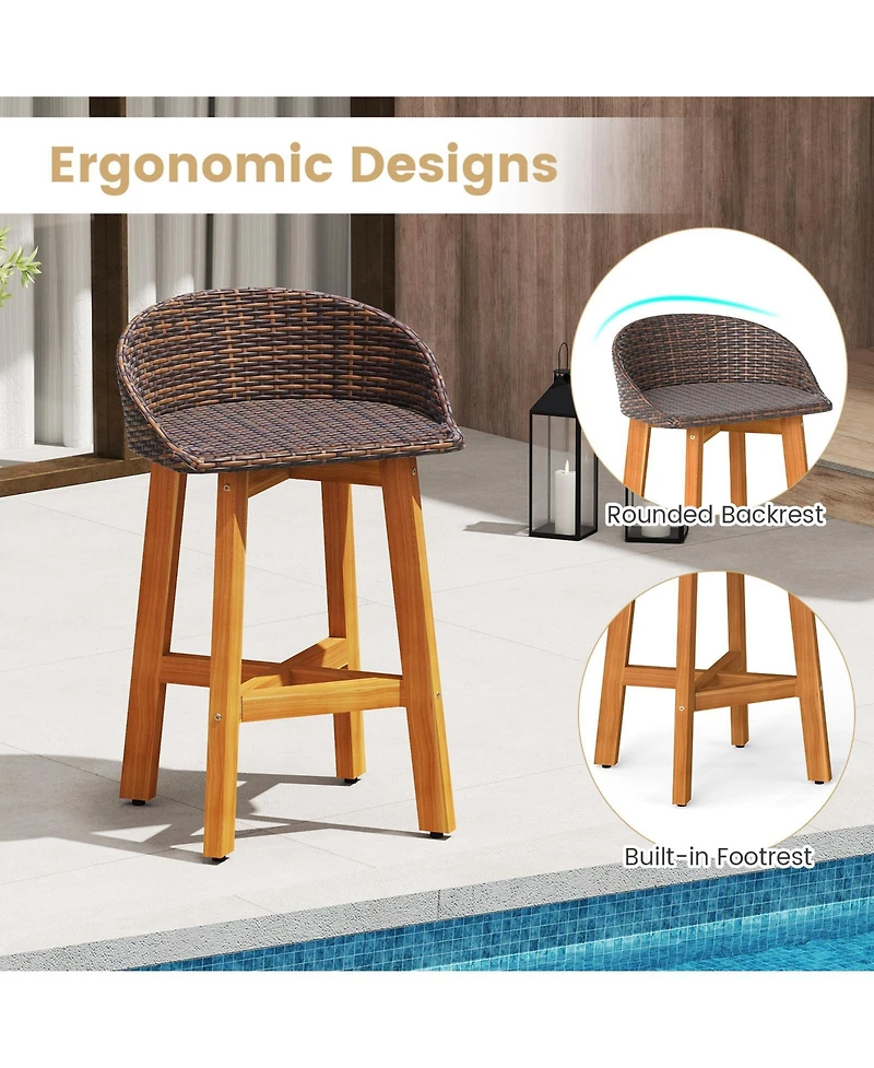 Sugift Set of 2 Acacia Wood Rattan Bar Stools with Backrest and Footrest