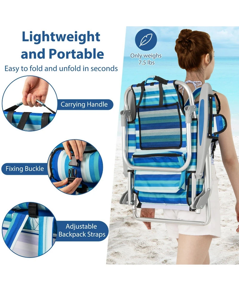 Sugift 4-Position Folding Beach Chair with Cooler Bag and Headrest