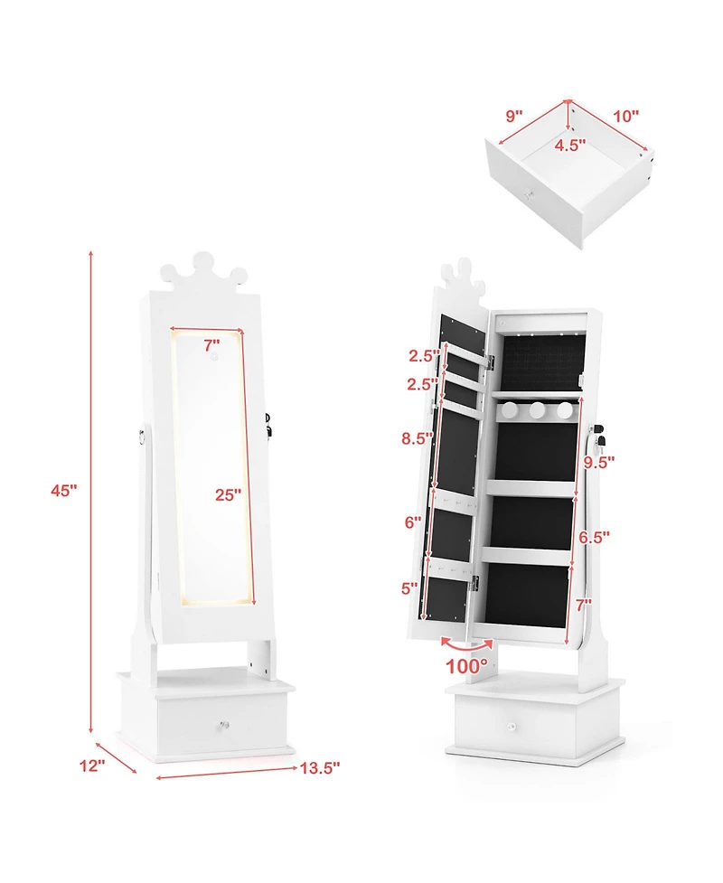 Sugift Kids Lighted Jewelry Armoire with Full-Length Mirror and Interior Led Lights