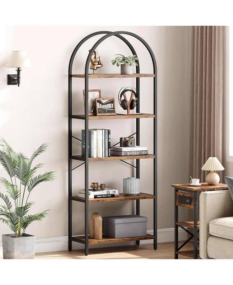 homfan Arched Tall Bookshelf, 5-Tier Industrial Wood and Metal Shelf, Rustic Farmhouse Storage for Home Office