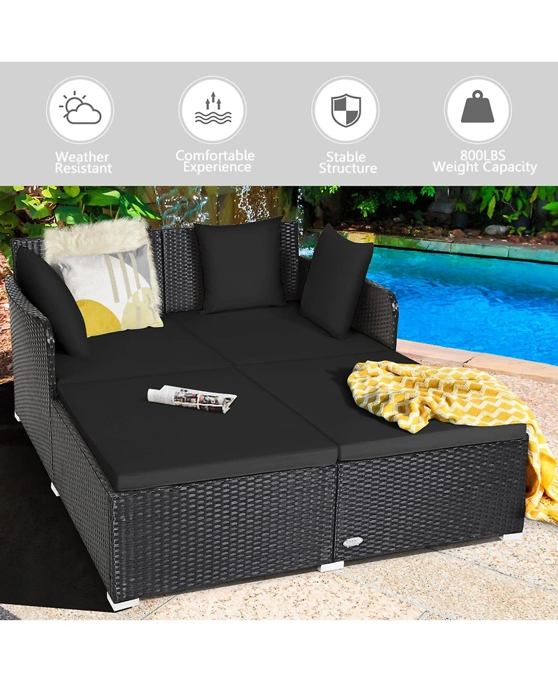 Sugift Outdoor Rattan Daybed with Upholstered Cushions and 4 Throw Pillows