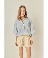 English Factory Women's Striped Embroidery Detail Volume Sleeve Shirt