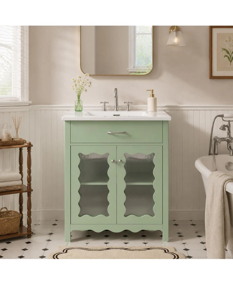 Phying 30 Inch Multifunctional Bathroom Vanity Modern Storage Cabinet with Tempered Glass Rubber Wood Legs and Soft Close Silent Doors