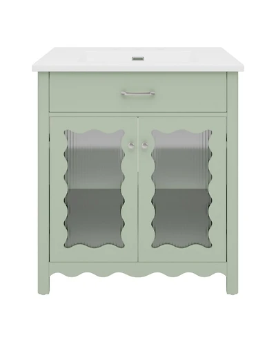 Phying 30 Inch Multifunctional Bathroom Vanity Modern Storage Cabinet with Tempered Glass Rubber Wood Legs and Soft Close Silent Doors