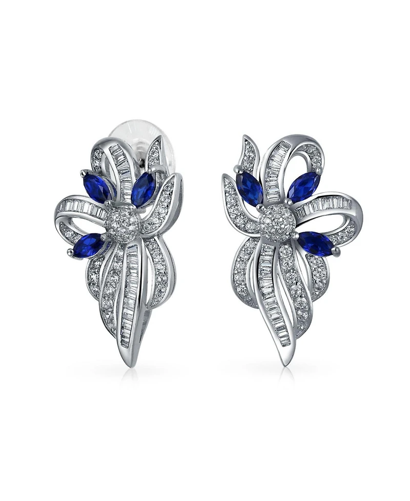 Bling Jewelry Vintage Cocktail Statement Sapphire Blue Cz Ribbon Bow Drop Stud Earrings Silver Plated