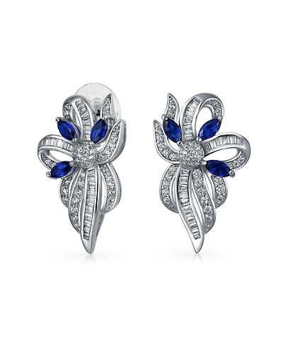 Bling Jewelry Vintage Cocktail Statement Sapphire Blue Cz Ribbon Bow Drop Stud Earrings Silver Plated