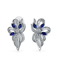 Bling Jewelry Vintage Cocktail Statement Sapphire Blue Cz Ribbon Bow Drop Stud Earrings Silver Plated