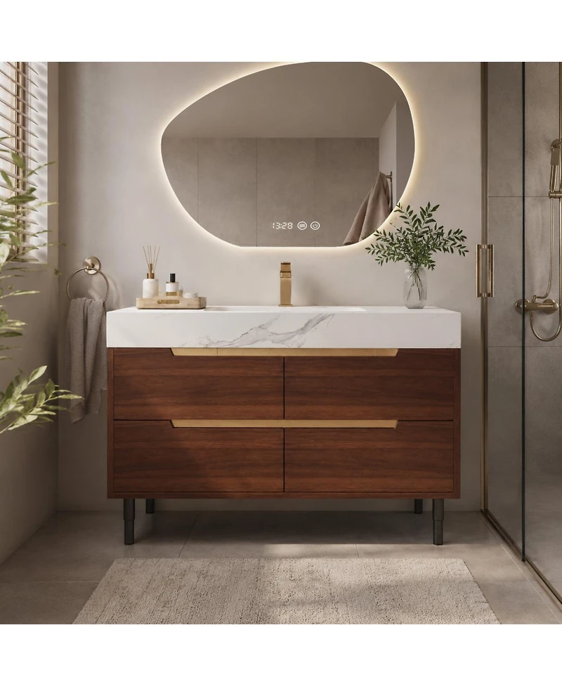 Phying 35.4 Inch Farmhouse Free Standing Sintered Stone Bathroom Vanity with Waterproof Multi layer Solid Wood 4 Drawers Storage Wall Mounted Cabinet