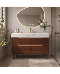 Phying 35.4 Inch Farmhouse Free Standing Sintered Stone Bathroom Vanity with Waterproof Multi layer Solid Wood 4 Drawers Storage Wall Mounted Cabinet